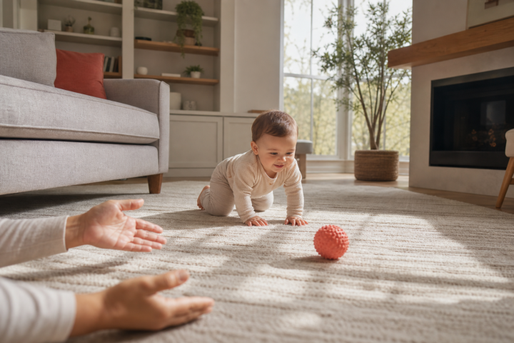 Baby crawls on bent knees across a cream rug toward a coral ball.