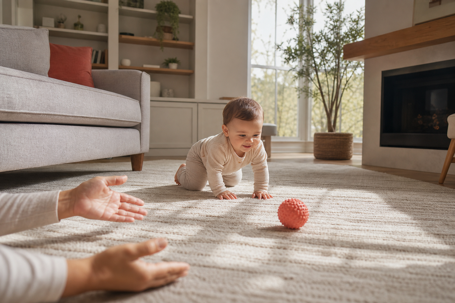 Baby crawls on bent knees across a cream rug toward a coral ball.