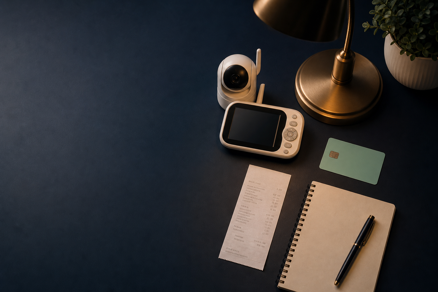 Baby monitor beside a receipt and FSA card on a dark desk