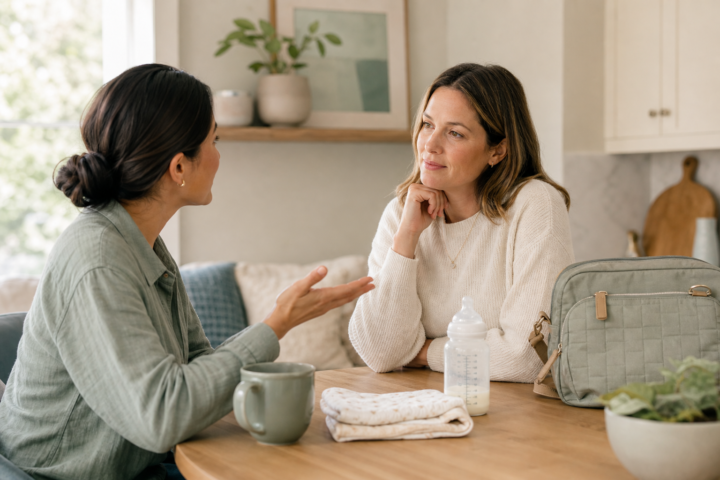 Two adults talking at a kitchen table with a baby bottle, burp cloth, and diaper bag in front of them.
