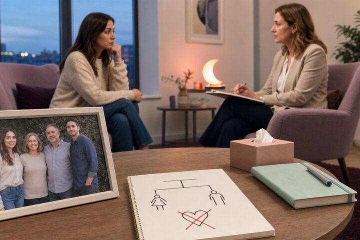 Woman talks with a therapist behind a table holding an adult family photo and a sibling diagram with a crossed-out heart.