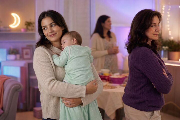 Young mother cradles a sleeping baby while an older aunt stands turned away at an evening family gathering.