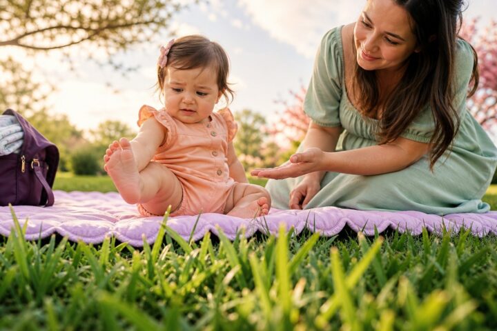 Baby lifting one bare foot away from grass while caregiver offers reassurance from a lavender picnic mat