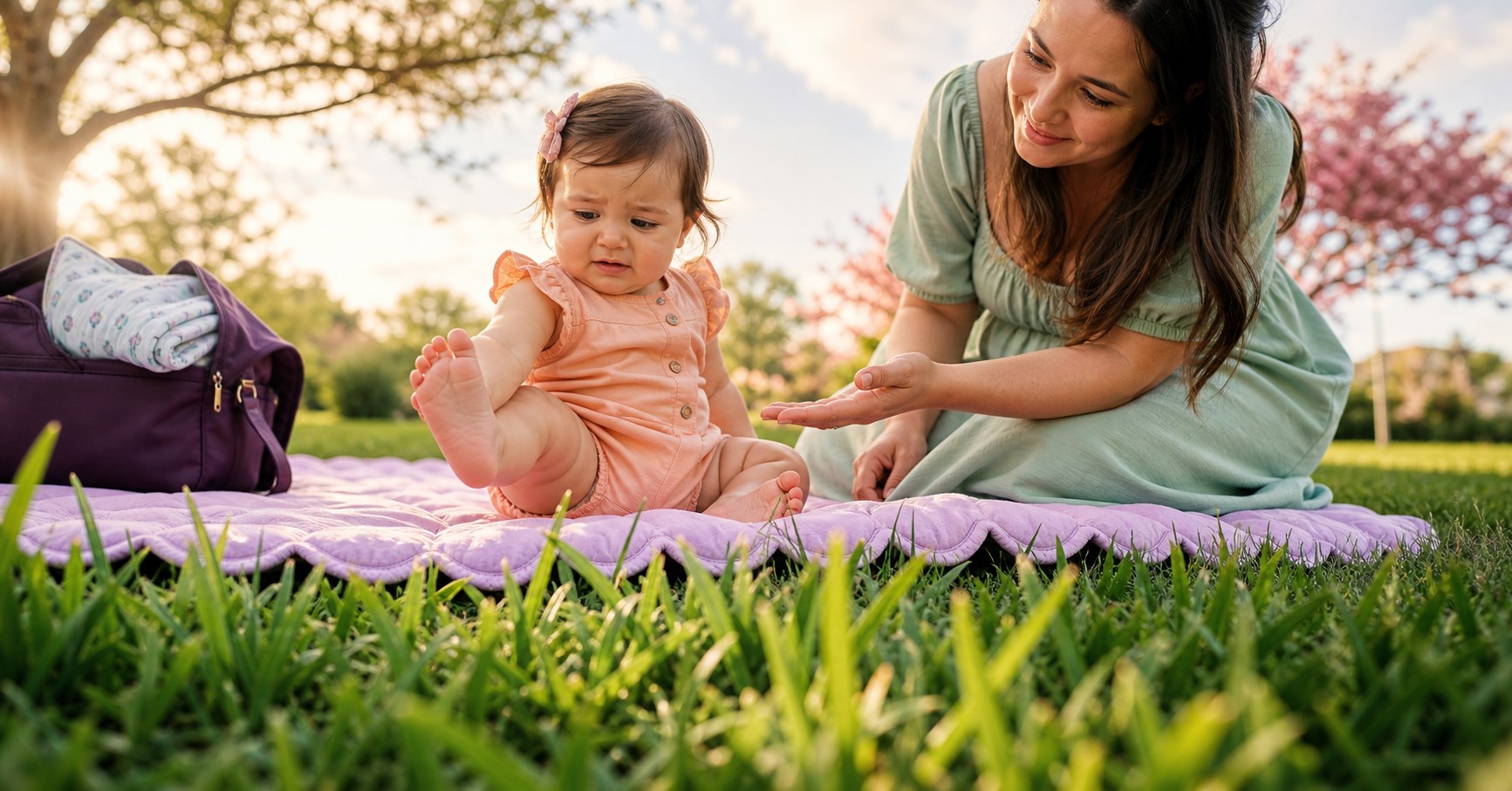 Baby lifting one bare foot away from grass while caregiver offers reassurance from a lavender picnic mat
