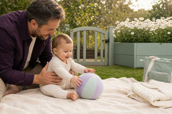 Father supporting his awake baby on a cream garden blanket while daisies grow behind a closed gate