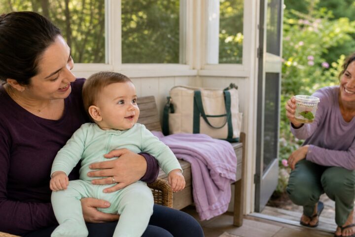 A caregiver holds a smiling baby while another holds a closed cup with a ladybug on a leaf near the garden door.
