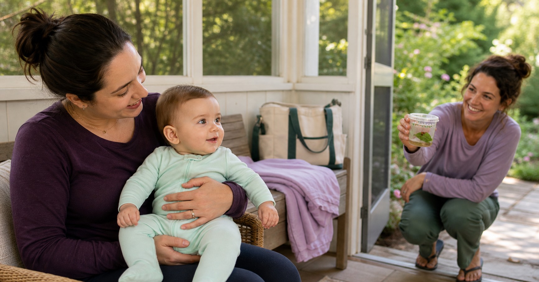 A caregiver holds a smiling baby while another holds a closed cup with a ladybug on a leaf near the garden door.