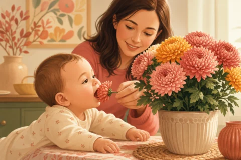 Baby reaches toward a potted chrysanthemum while a caregiver gently moves the flower stem away.