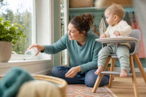 Caregiver lifts a clear glass over a tiny stink bug on a windowsill while a baby watches from a high chair.