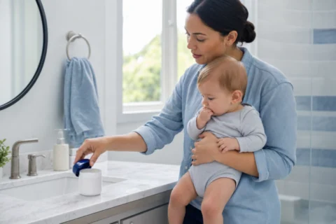 Caregiver holding a baby beside a bathroom sink with an open ointment jar on the counter.