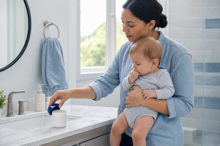 Caregiver holding a baby beside a bathroom sink with an open ointment jar on the counter.