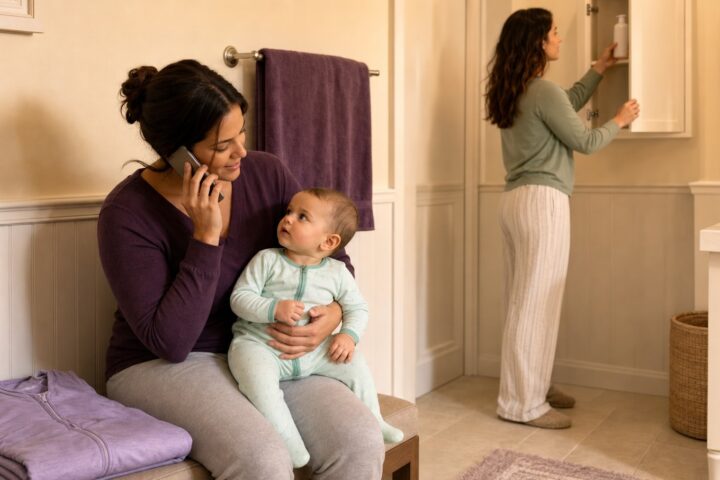 A caregiver makes a phone call while holding a baby in mint pajamas as another stores a closed bottle in a high bathroom cabinet.