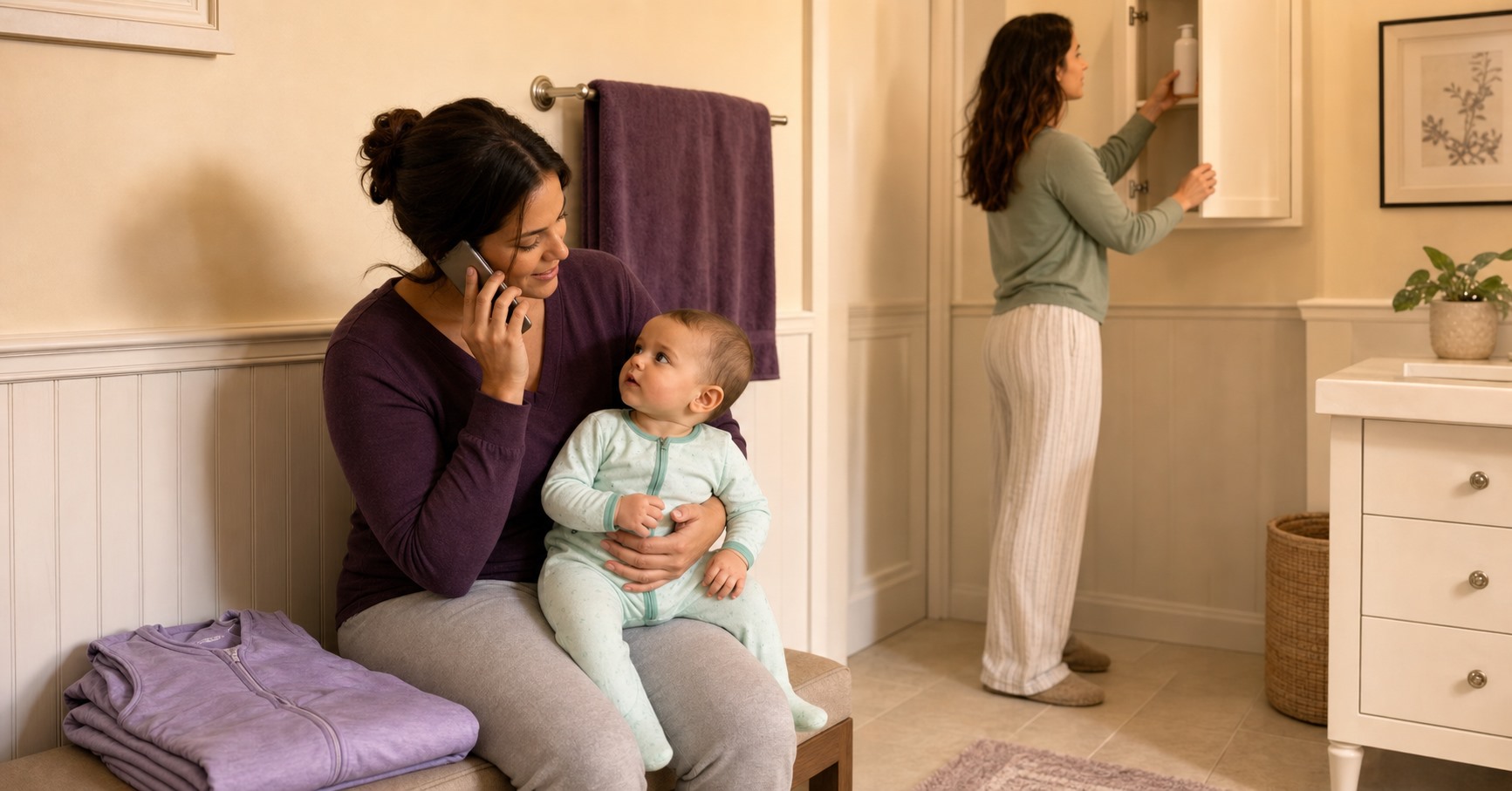 A caregiver makes a phone call while holding a baby in mint pajamas as another stores a closed bottle in a high bathroom cabinet.
