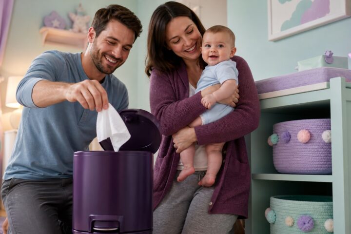 Father drops a white baby wipe into a plum pail while a mother holds a smiling baby in a mint-and-lavender nursery.