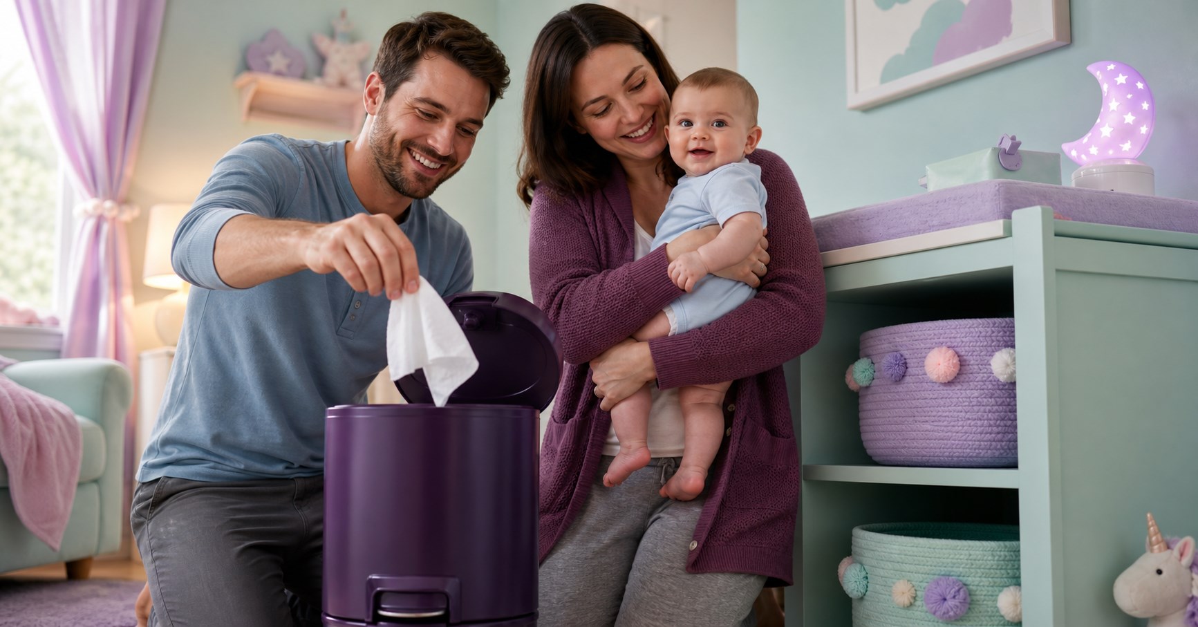 Father drops a white baby wipe into a plum pail while a mother holds a smiling baby in a mint-and-lavender nursery.
