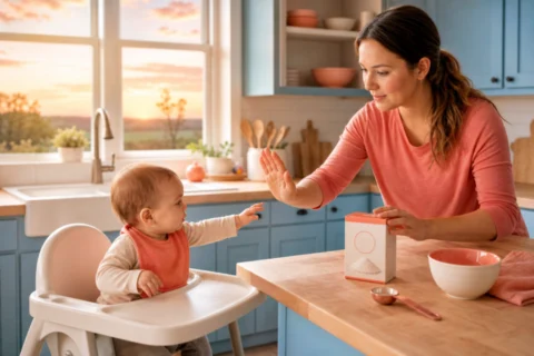 Caregiver stops baby from reaching a baking soda box on a sunlit kitchen counter