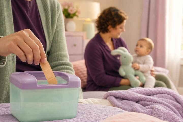 Caregiver placing a clean adhesive bandage into a mint-and-lavender safety box while another holds their awake baby