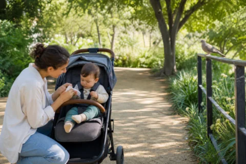 Caregiver wiping a baby's hand beside a stroller on a park walkway with a bird in the background.