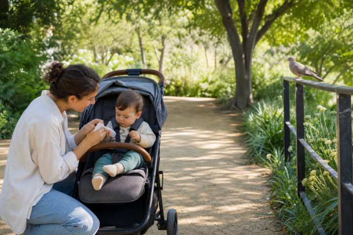 Caregiver wiping a baby's hand beside a stroller on a park walkway with a bird in the background.