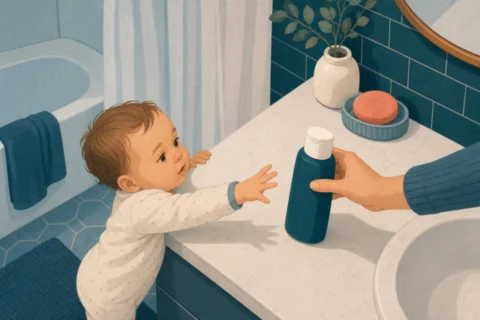Baby reaches toward a bottle of body wash on a bathroom counter while a caregiver's hand pulls it away.