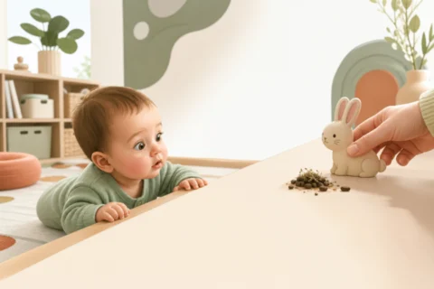 Curious baby watches an adult move a toy bunny away from a small pile of garden debris on a tabletop.
