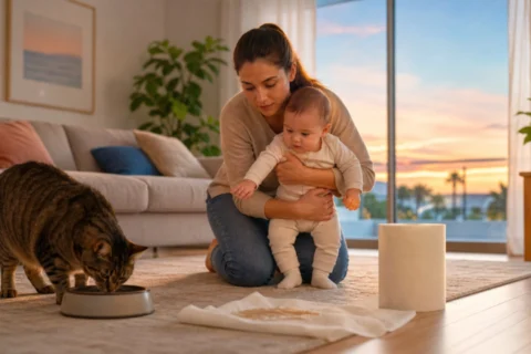 Caregiver holds baby back while cleaning near a cat bowl in a bright living room at sunset