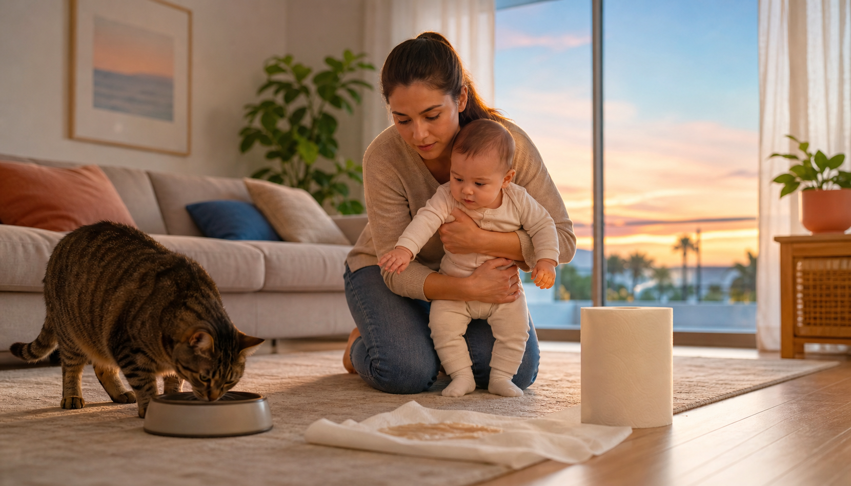 Caregiver holds baby back while cleaning near a cat bowl in a bright living room at sunset