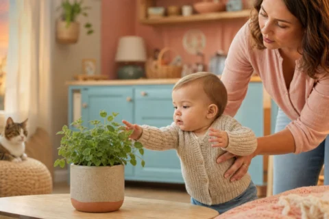 Caregiver steadies a baby beside a potted catnip plant in a warm nursery-kitchen scene