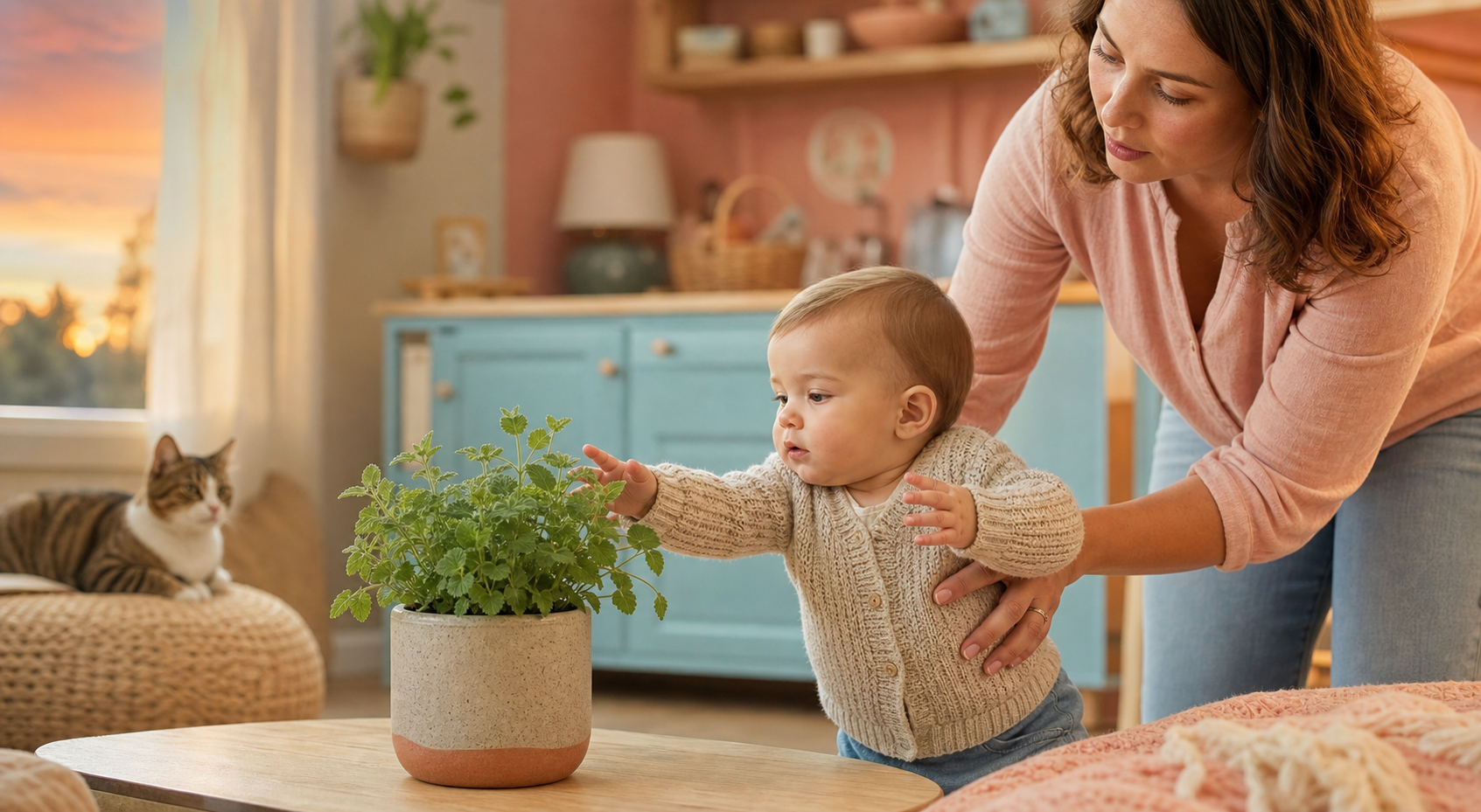 Caregiver steadies a baby beside a potted catnip plant in a warm nursery-kitchen scene