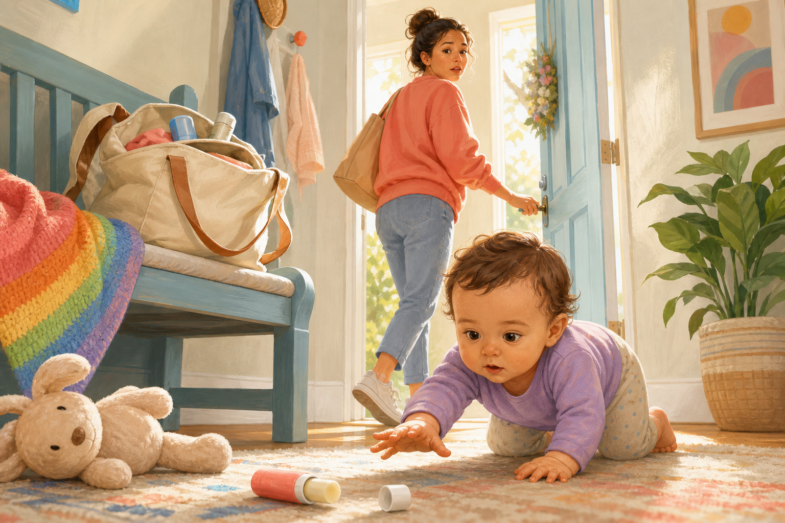 Baby reaching toward an open chapstick tube while a parent turns back in concern.