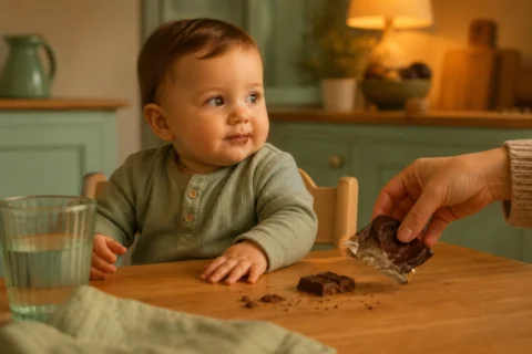 A baby with a tiny chocolate smudge on the lips sits at a kitchen table while a parent hand moves a chocolate wrapper away.