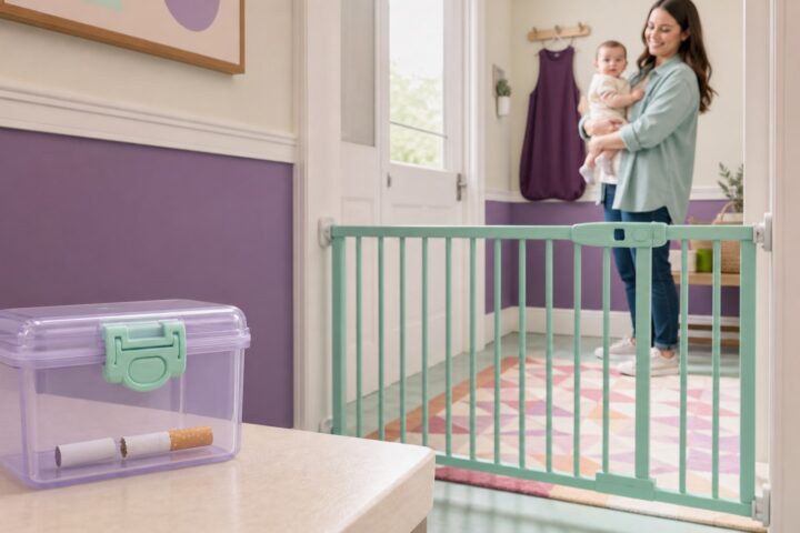 Broken unlit cigarette sealed in a latched lavender box while a mother holds her awake baby behind a closed mint gate
