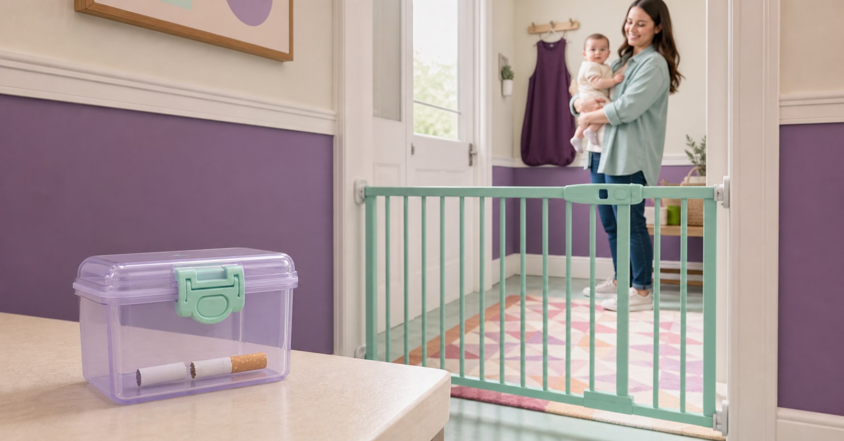 Broken unlit cigarette sealed in a latched lavender box while a mother holds her awake baby behind a closed mint gate