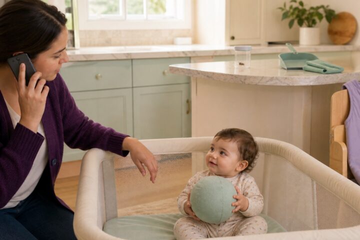 Mother on a phone call beside her clean baby in a play yard, with a tiny cockroach contained on a distant counter