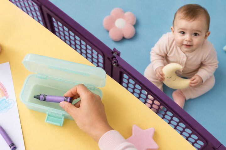 Caregiver placing a lavender crayon into a mint box while an awake baby holds a moon toy behind a plum safety gate