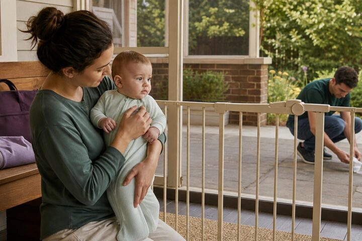 A caregiver holds a baby behind a closed porch gate while another caregiver uses a folded tissue on the patio.