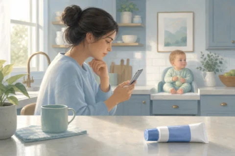 A parent checks a phone beside a blue-and-white diaper cream tube on a bright kitchen counter while a baby sits safely in the background.