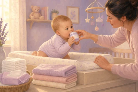 A parent reaches toward a diaper cream jar while a baby kneels on a nursery changing table beside folded towels and wipes.
