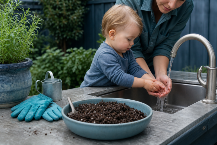 A toddler washing their hands at an outdoor sink beside a bowl of potting soil and teal gardening gloves.