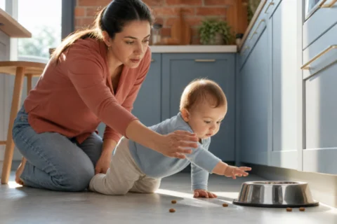Caregiver guiding a baby away from scattered dog kibble on a kitchen floor beside a metal bowl.