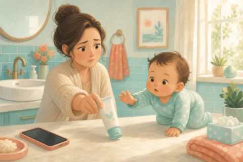 A worried parent slides a cream tube away from a crawling baby in a sunny aqua bathroom.