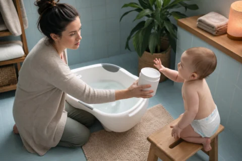 Caregiver holds a white Epsom salt container toward a baby reaching from a small stool beside a bath.