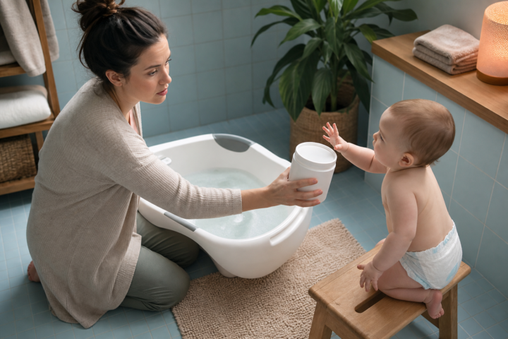 Caregiver holds a white Epsom salt container toward a baby reaching from a small stool beside a bath.