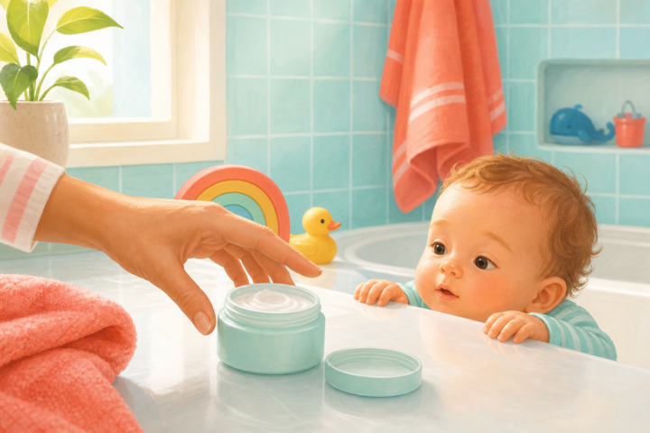 Baby peeking over a bathroom counter while a parent moves an open cream jar away.