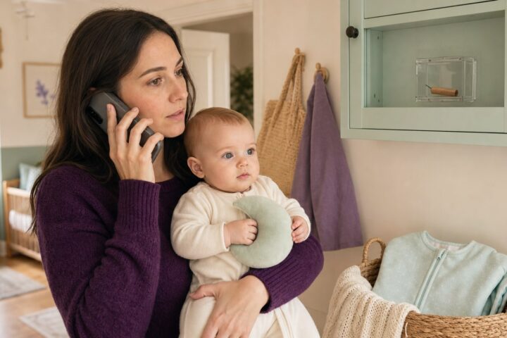 Mother holding her awake baby during a phone call with an unlit firecracker sealed in a high wall cabinet
