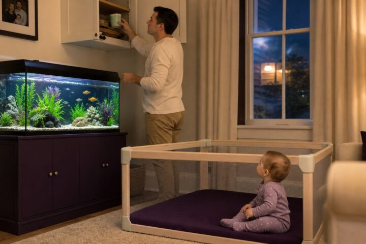 Father stores a closed mint fish-food container in a high cupboard while a baby watches from a play yard beside an aquarium.