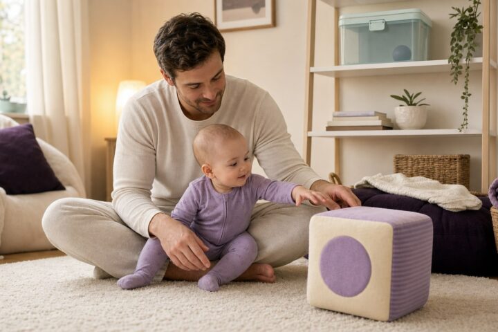 Father supports a baby reaching for a large fabric cube while a small foam ball is secured in a closed box on a high shelf.