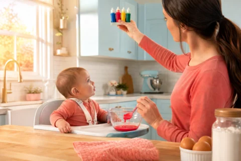 Caregiver holding four food coloring bottles above a baby in a high chair beside a bowl of red batter.
