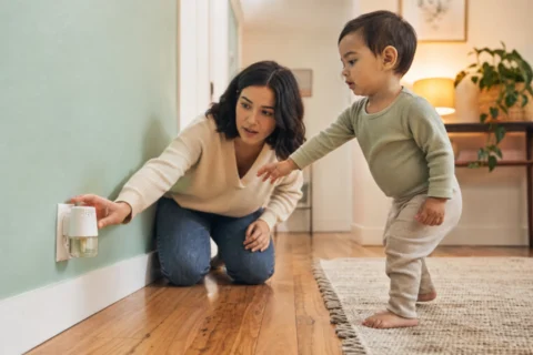 A parent kneels beside a toddler reaching toward a wall outlet with a plug-in air freshener.