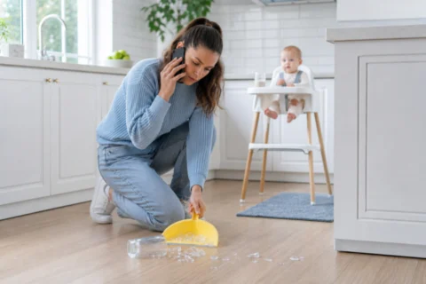 Caregiver kneeling beside broken glass on a kitchen floor while a baby sits safely in a high chair